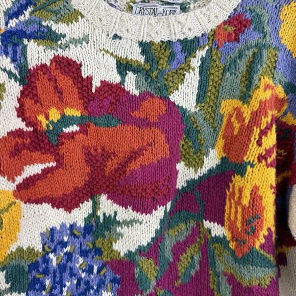 Vintage Crystal Kobe Floral Chunky Sweater Small Grandmacore 90s Tunic Cottage - Picture 8 of 14